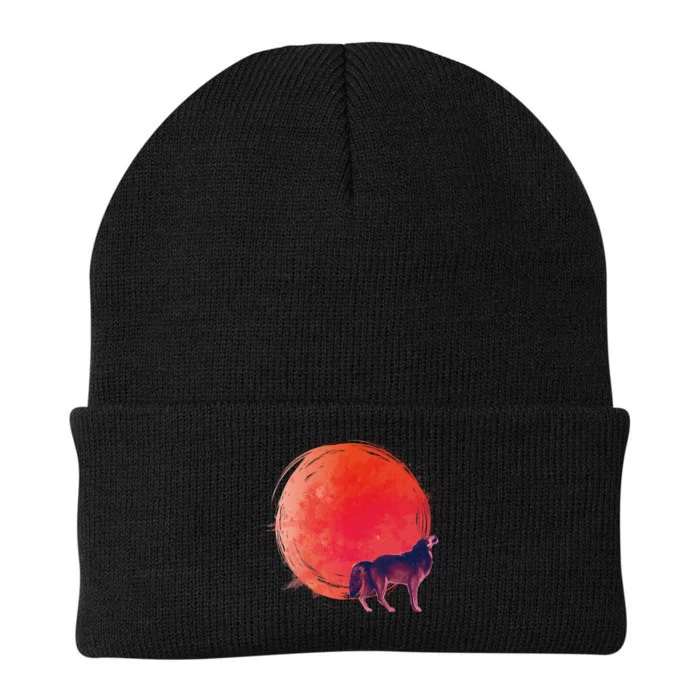 Watercolor Red Moon and Howling Wolf Knit Cap Winter Beanie