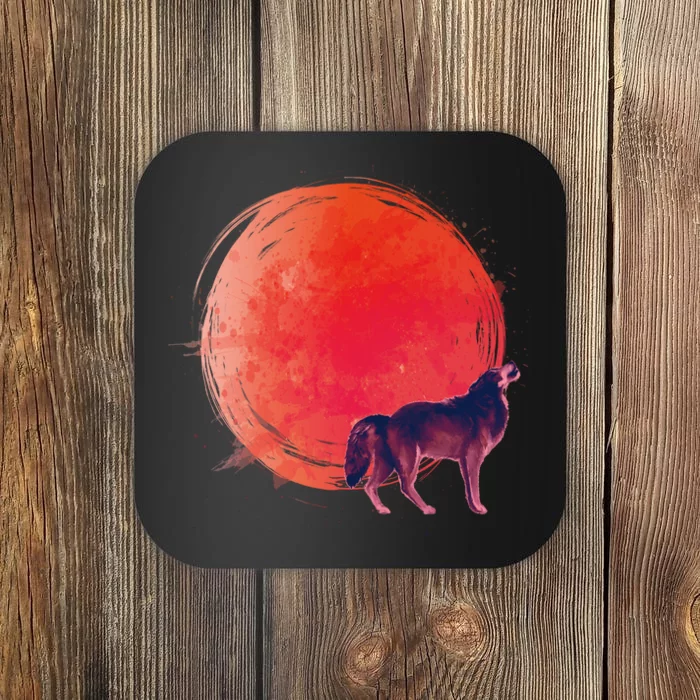 Watercolor Red Moon and Howling Wolf Coaster