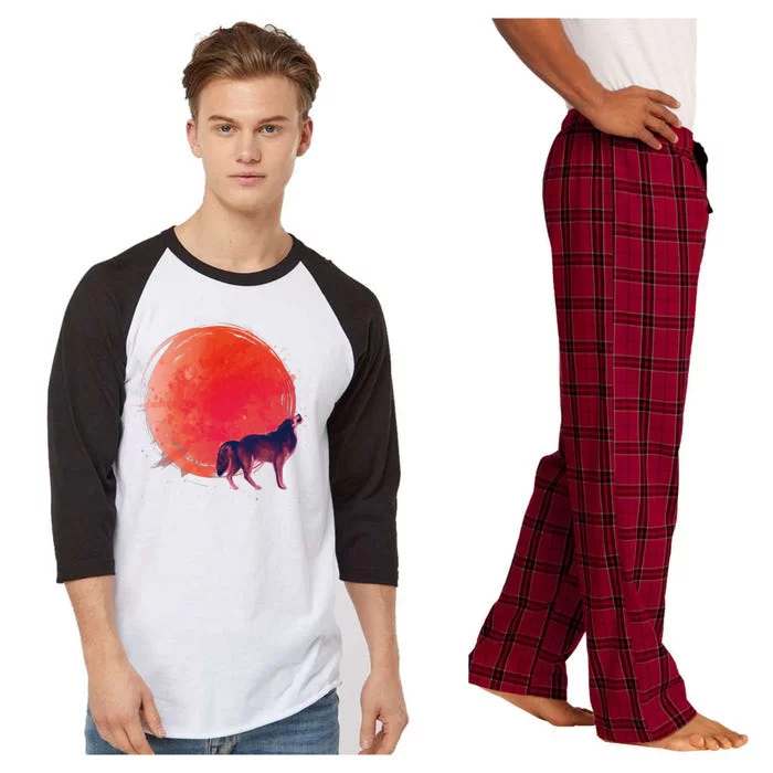 Watercolor Red Moon and Howling Wolf Raglan Sleeve Pajama Set