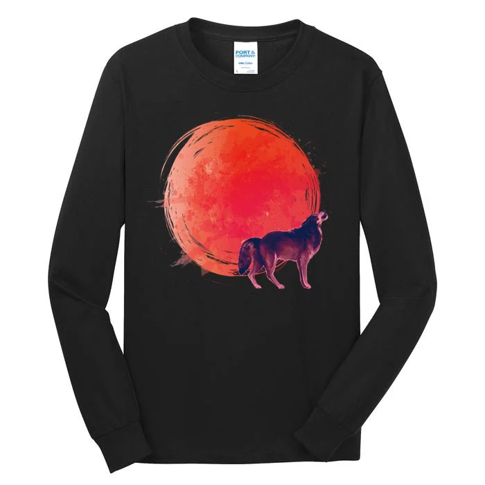 Watercolor Red Moon and Howling Wolf Tall Long Sleeve T-Shirt