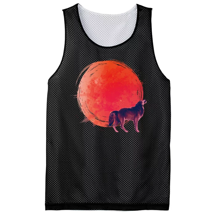 Watercolor Red Moon and Howling Wolf Mesh Reversible Basketball Jersey Tank