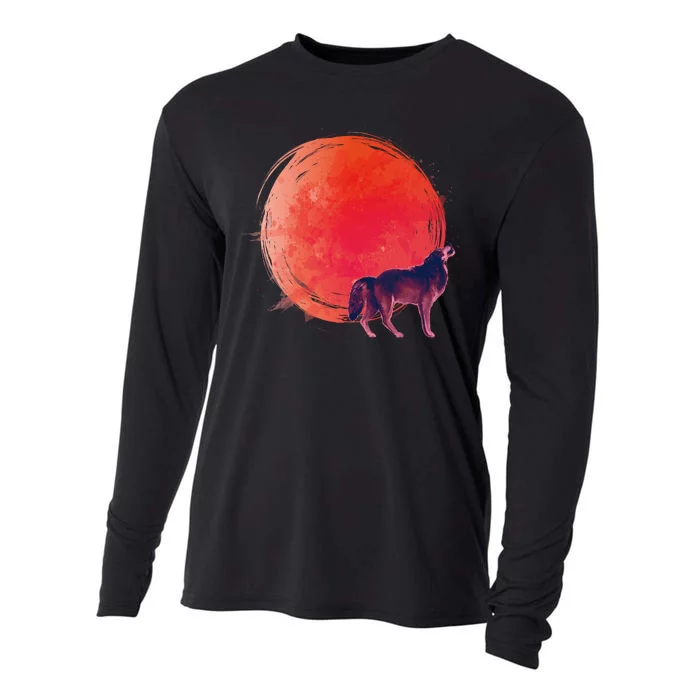 Watercolor Red Moon and Howling Wolf Cooling Performance Long Sleeve Crew