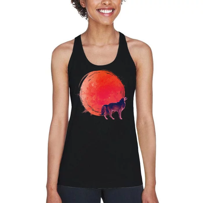 Watercolor Red Moon and Howling Wolf Women's Racerback Tank