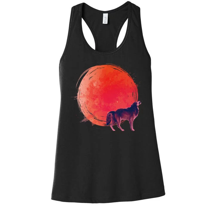 Watercolor Red Moon and Howling Wolf Women's Racerback Tank