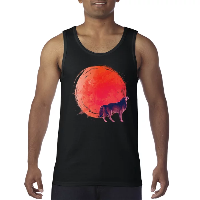 Watercolor Red Moon and Howling Wolf Tank Top