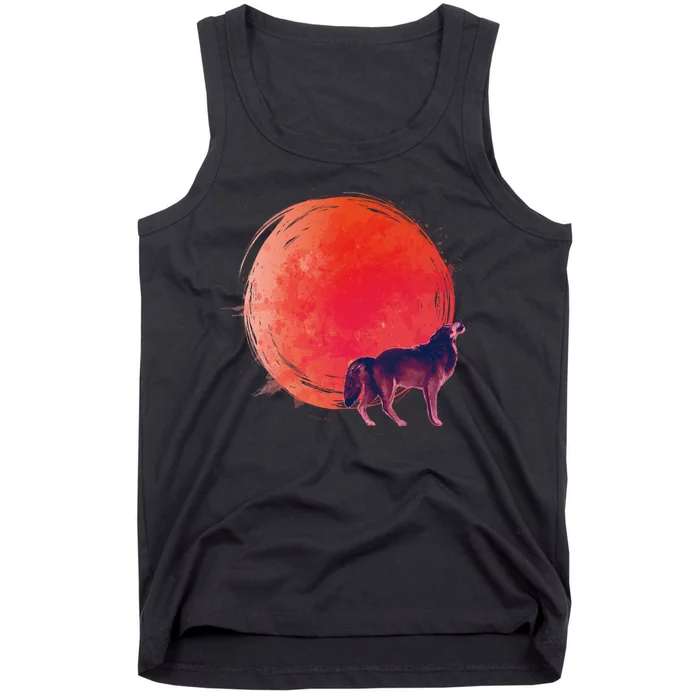 Watercolor Red Moon and Howling Wolf Tank Top