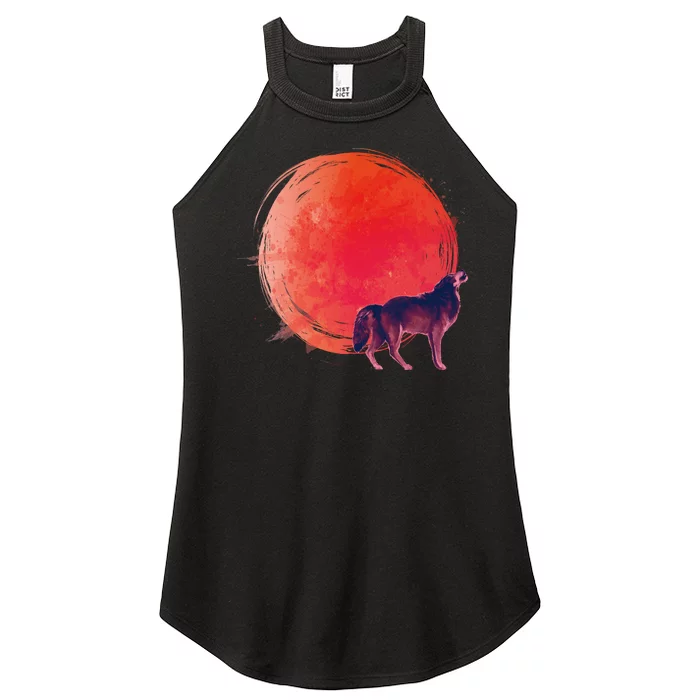 Watercolor Red Moon and Howling Wolf Women’s Perfect Tri Rocker Tank