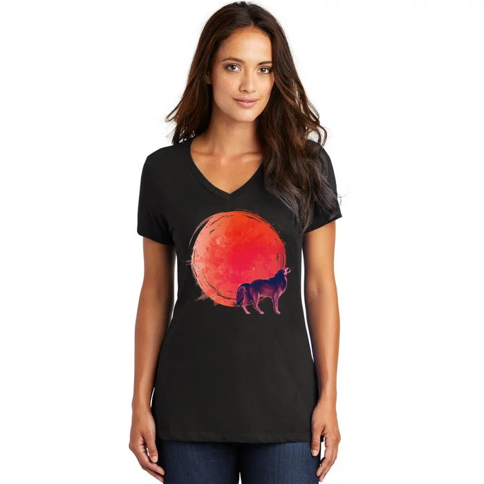 Watercolor Red Moon and Howling Wolf Women's V-Neck T-Shirt