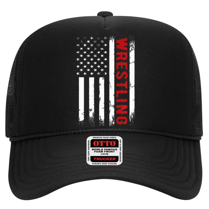 Wrestling American Usa Flag High Crown Mesh Trucker Hat