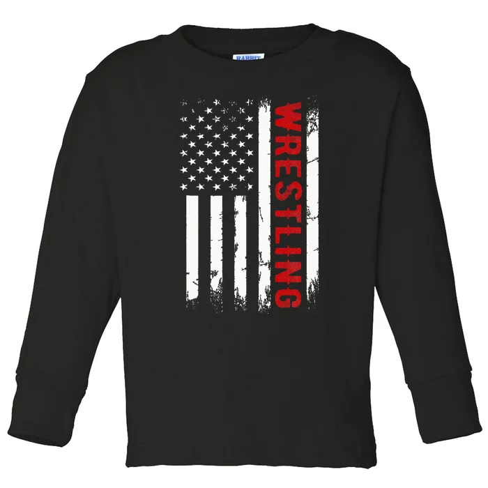 Wrestling American Usa Flag Toddler Long Sleeve Shirt