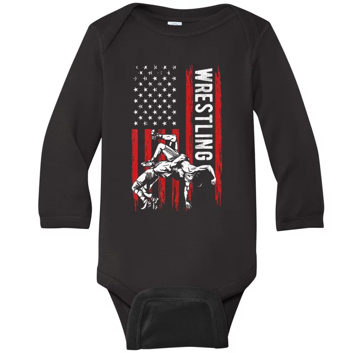 Wrestling American Usa Flag Funny Wrestle Wrestling Baby Long Sleeve Bodysuit