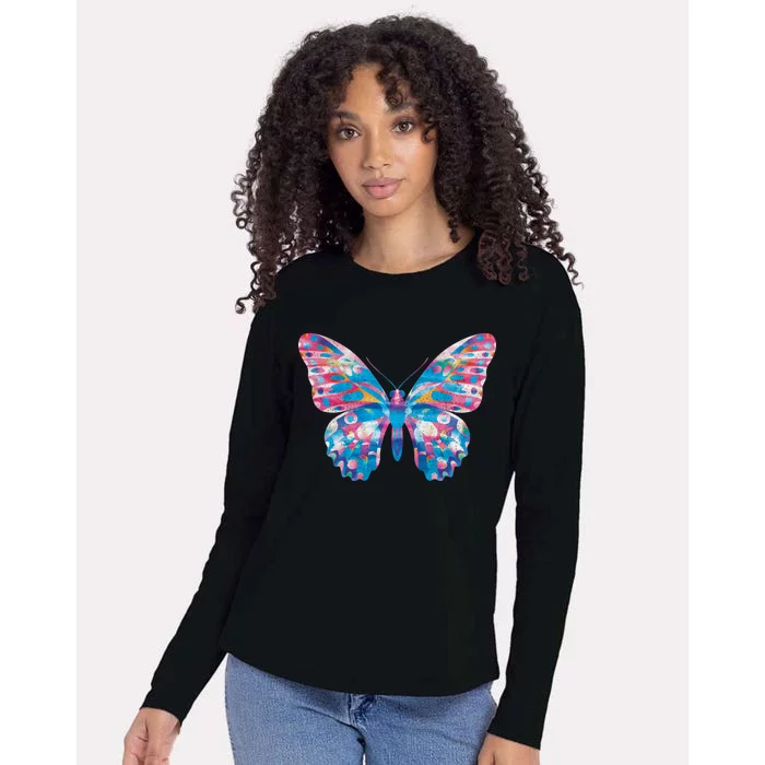 Wavy Colorful Butterfly Illustration Womens Cotton Relaxed Long Sleeve T-Shirt