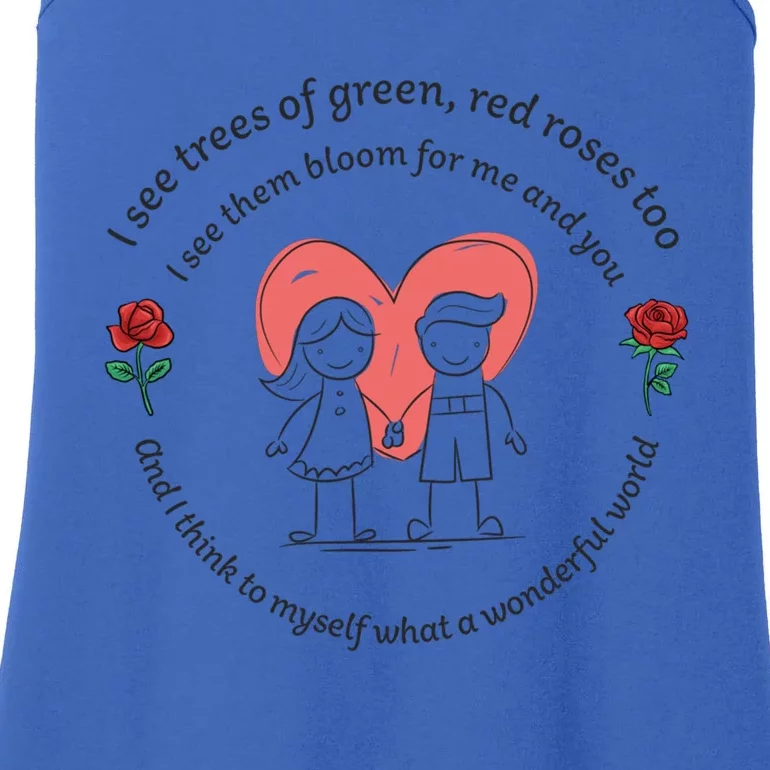 What A Wonderful World Gift Drawn Couple In Love With Roses Gift Ladies Essential Tank