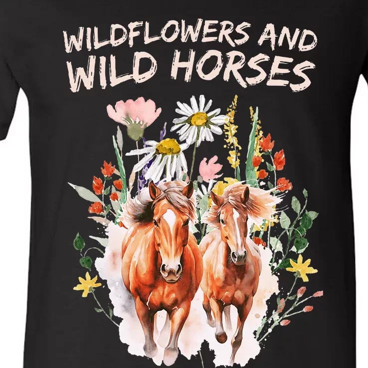 Wildflowers And Wild Horses Nature Beauty Country V-Neck T-Shirt