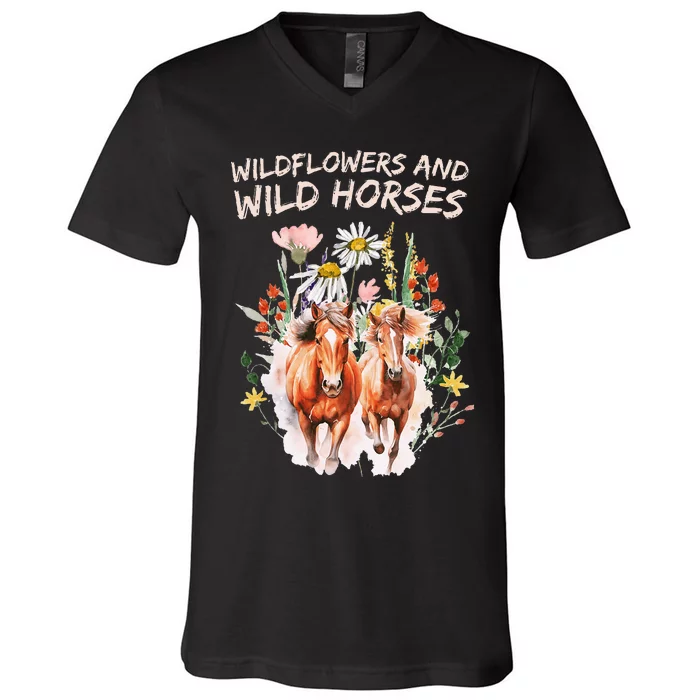 Wildflowers And Wild Horses Nature Beauty Country V-Neck T-Shirt