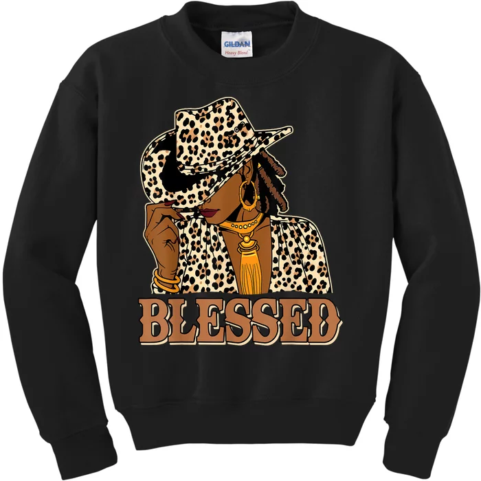 Woman Blessed Black Cowgirl Western Leopard Swag African Christian Gift Kids Sweatshirt