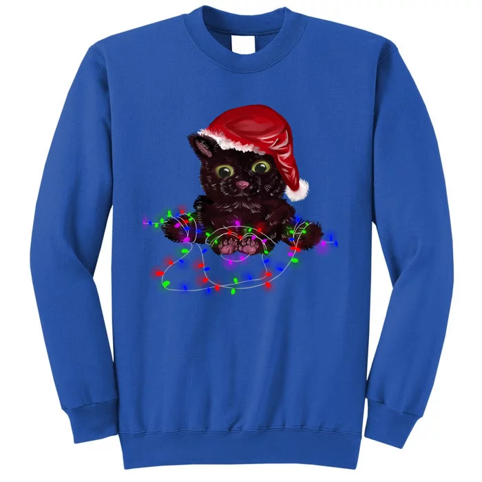 Watercolor Black Cat Santa Tangled Up In Christmas Lights Meaningful Gift Tall Sweatshirt