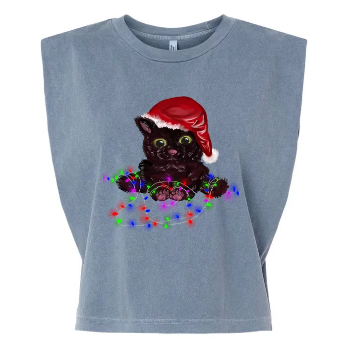 Watercolor Black Cat Santa Tangled Up In Christmas Lights Meaningful Gift Garment-Dyed Women's Muscle Tee