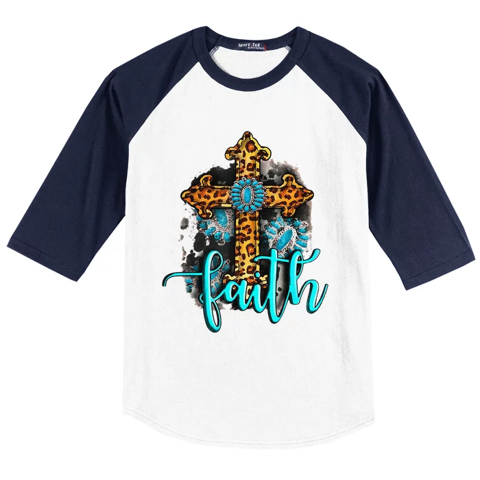 Western Boho Christian Turquoise Leopard Faith Cross Jesus Baseball Sleeve Shirt