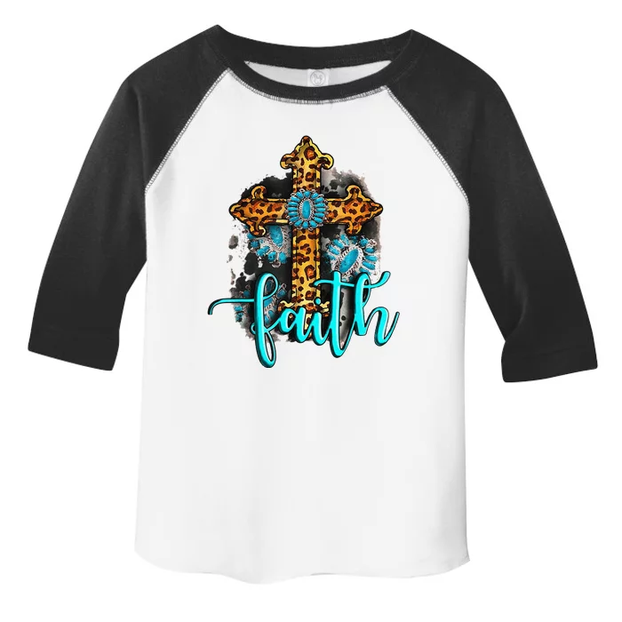 Western Boho Christian Turquoise Leopard Faith Cross Jesus Toddler Fine Jersey T-Shirt