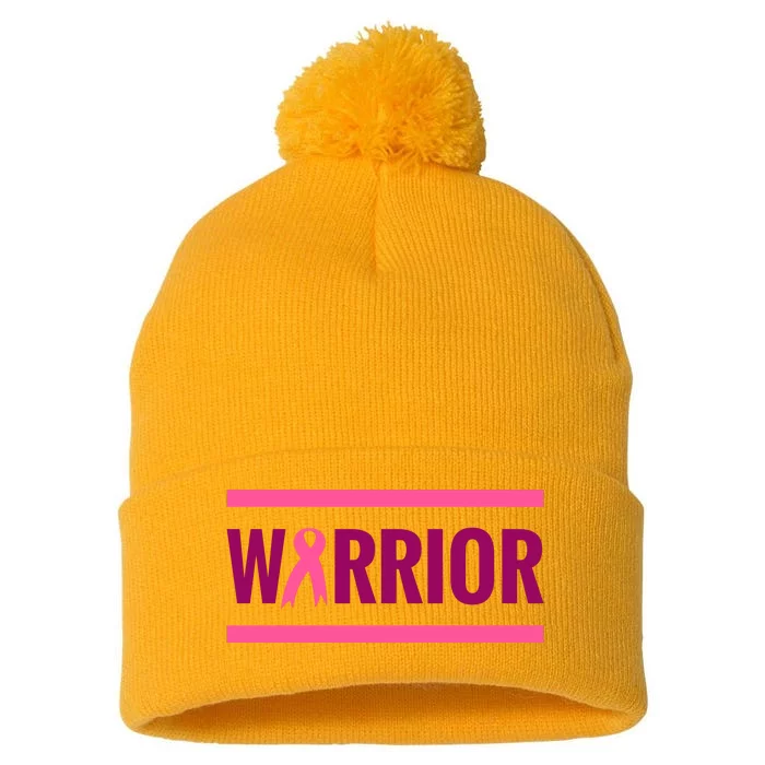 Warrior Breast Cancer Ribbon Pom Pom 12in Knit Beanie