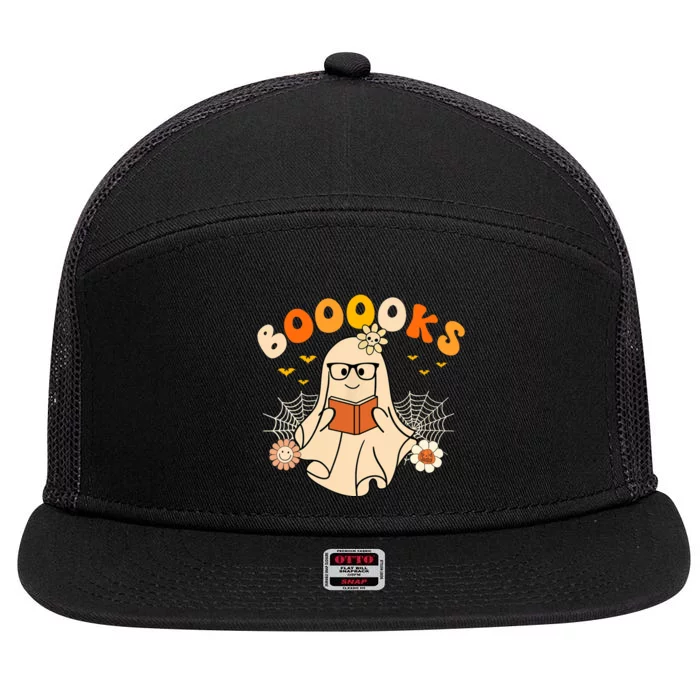 Wo Booooks Cute Ghost Reading Library Books Halloween 7 Panel Mesh Trucker Snapback Hat