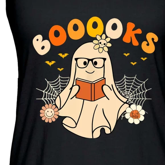 Wo Booooks Cute Ghost Reading Library Books Halloween Ladies Essential Flowy Tank