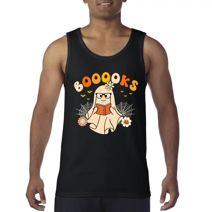 Wo Booooks Cute Ghost Reading Library Books Halloween Tank Top