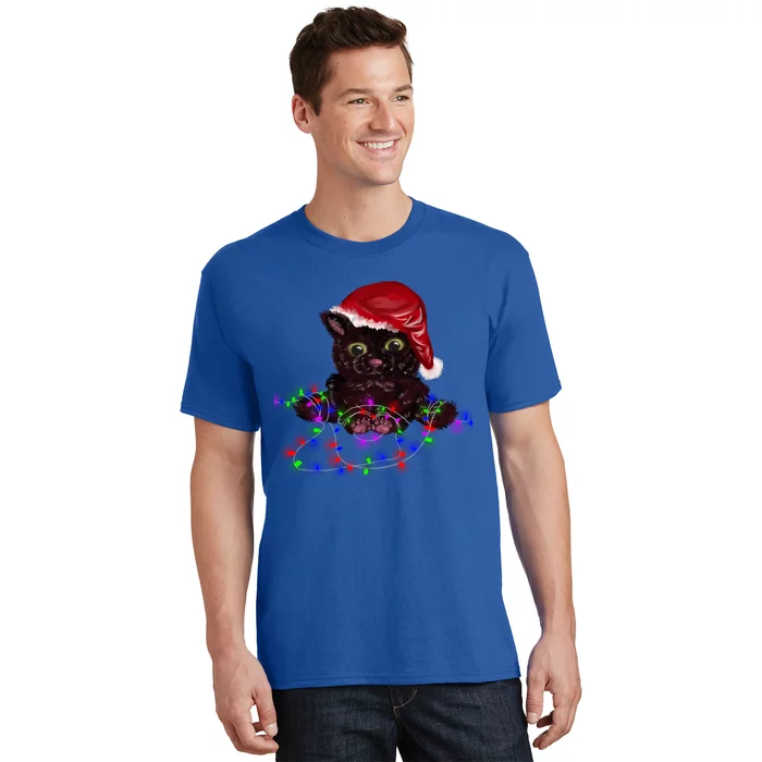 Watercolor Black Cat Santa Tangled Up In Christmas Lights Gift T-Shirt