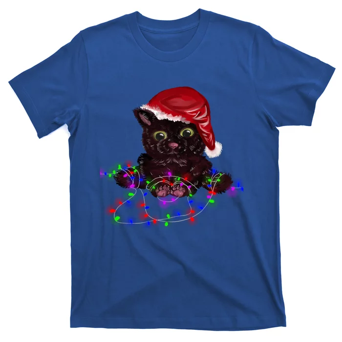 Watercolor Black Cat Santa Tangled Up In Christmas Lights Gift T-Shirt