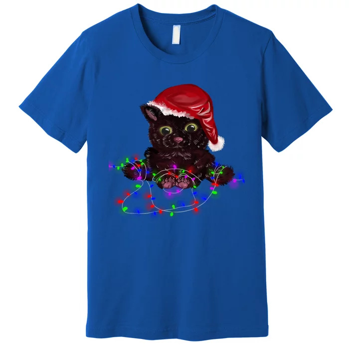 Watercolor Black Cat Santa Tangled Up In Christmas Lights Gift Premium T-Shirt