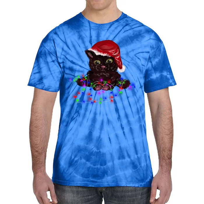 Watercolor Black Cat Santa Tangled Up In Christmas Lights Gift Tie-Dye T-Shirt