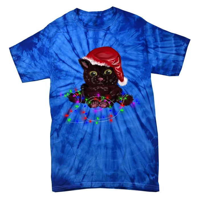 Watercolor Black Cat Santa Tangled Up In Christmas Lights Gift Tie-Dye T-Shirt