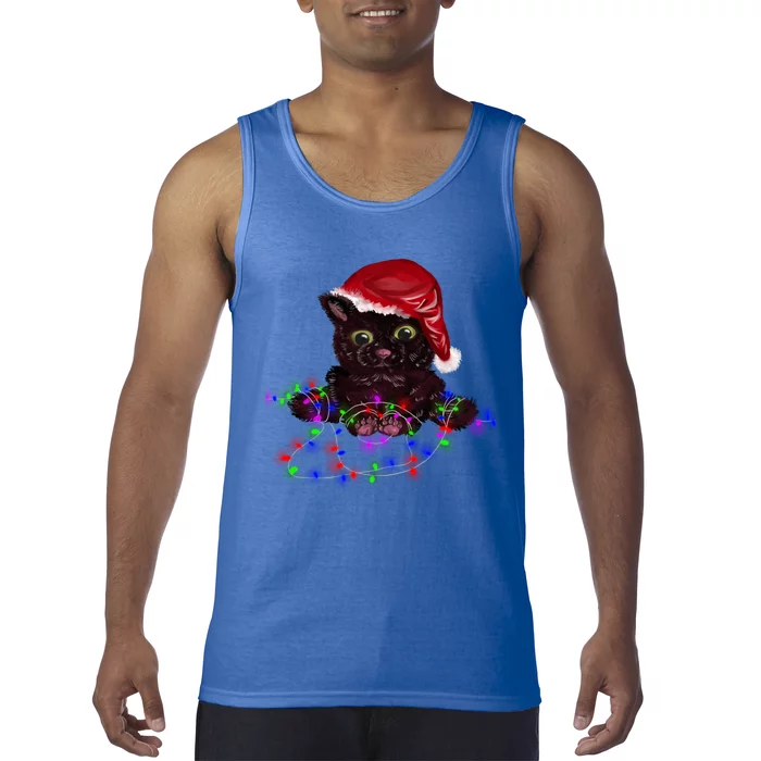 Watercolor Black Cat Santa Tangled Up In Christmas Lights Gift Tank Top