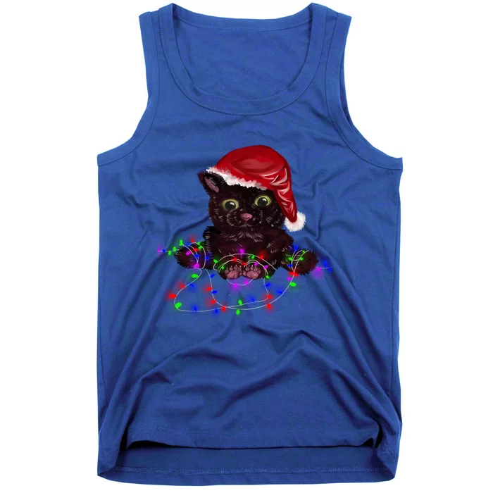 Watercolor Black Cat Santa Tangled Up In Christmas Lights Gift Tank Top