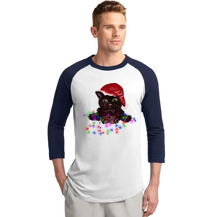 Watercolor Black Cat Santa Tangled Up In Christmas Lights Gift Baseball Sleeve Shirt