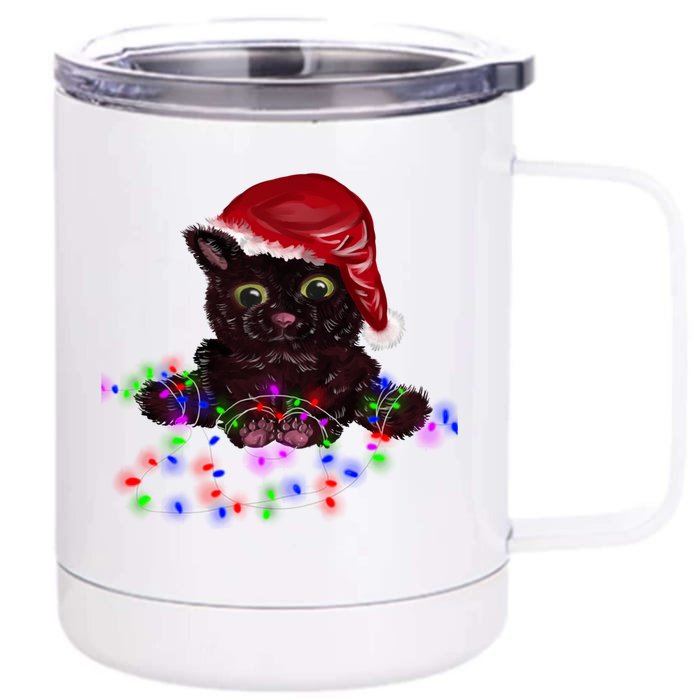 Watercolor Black Cat Santa Tangled Up In Christmas Lights Gift Front & Back 12oz Stainless Steel Tumbler Cup