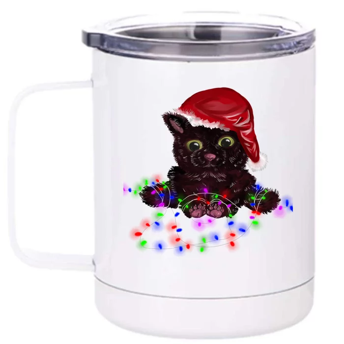 Watercolor Black Cat Santa Tangled Up In Christmas Lights Gift Front & Back 12oz Stainless Steel Tumbler Cup