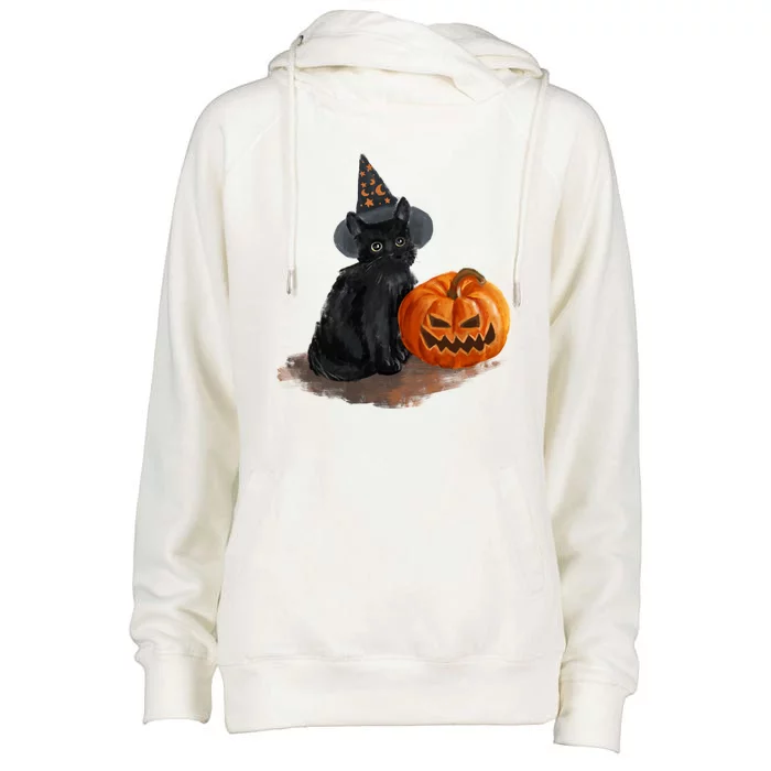 Witch Black Cat Pumpkin Halloween Womens Funnel Neck Pullover Hood