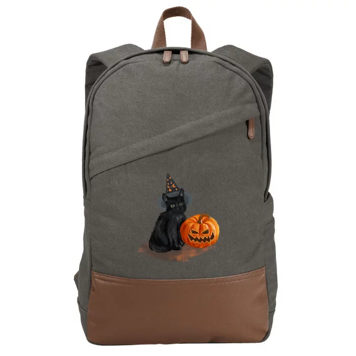 Witch Black Cat Pumpkin Halloween Cotton Canvas Backpack