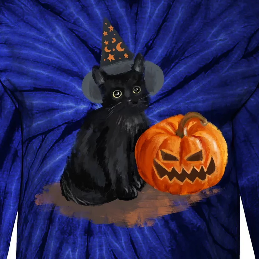 Witch Black Cat Pumpkin Halloween Tie-Dye Long Sleeve Shirt