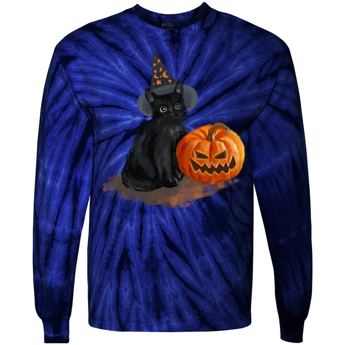 Witch Black Cat Pumpkin Halloween Tie-Dye Long Sleeve Shirt