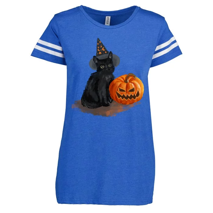 Witch Black Cat Pumpkin Halloween Enza Ladies Jersey Football T-Shirt