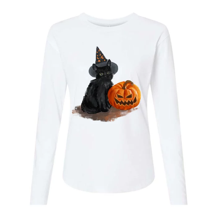 Witch Black Cat Pumpkin Halloween Womens Cotton Relaxed Long Sleeve T-Shirt