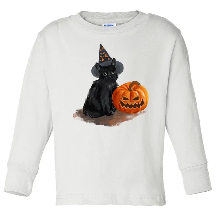 Witch Black Cat Pumpkin Halloween Toddler Long Sleeve Shirt