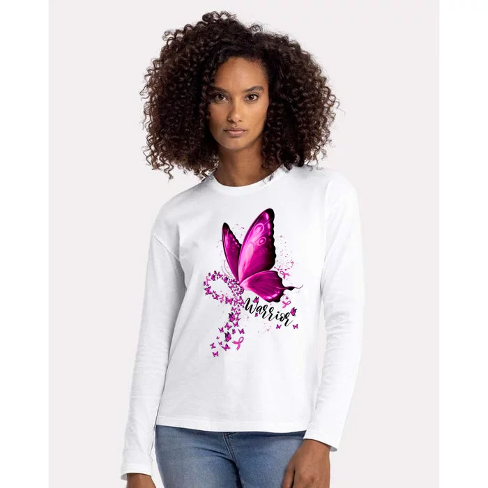 Warrior Breast Cancer Awareness Pink Ribbons Butterfly Womens Cotton Relaxed Long Sleeve T-Shirt