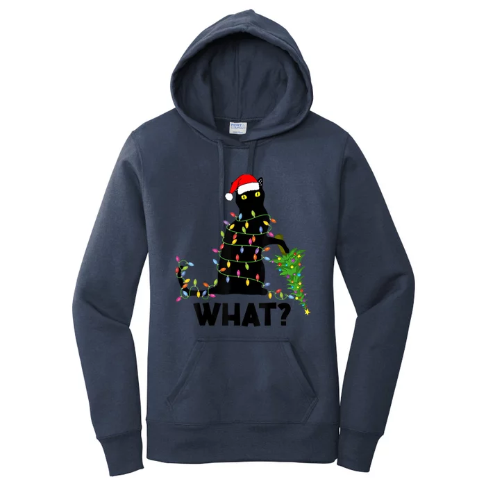 What? Black Cat Pushing Christmas Tree Over Cat Christmas Gift Women's Pullover Hoodie