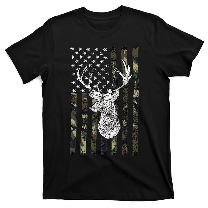 Whitetail Buck Deer Hunting American Camouflage Usa Flag T-Shirt