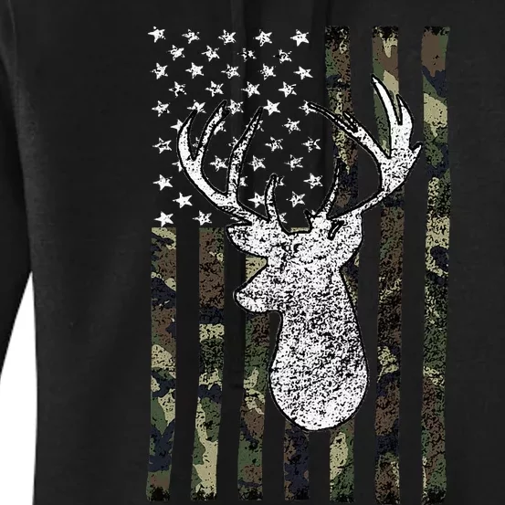 Whitetail Buck Deer Hunting American Camouflage Usa Flag Women's Pullover Hoodie