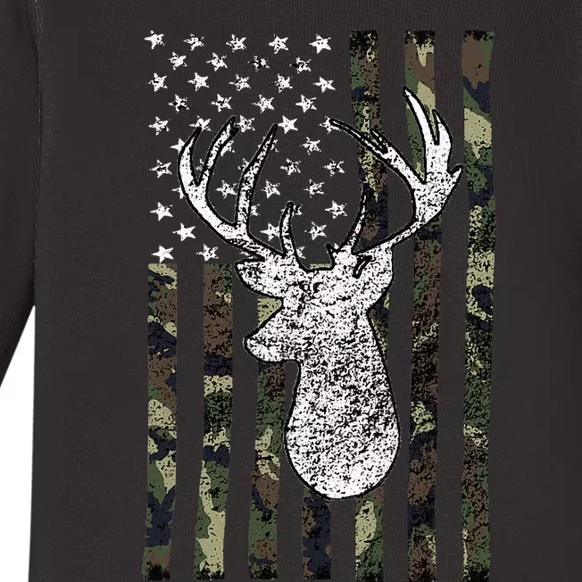 Whitetail Buck Deer Hunting American Camouflage Usa Flag Baby Long Sleeve Bodysuit